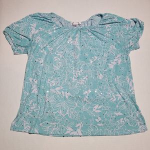 Rebecca Malone SS Blouse Teal White Flowers w/all Over Sequins - Size Large
